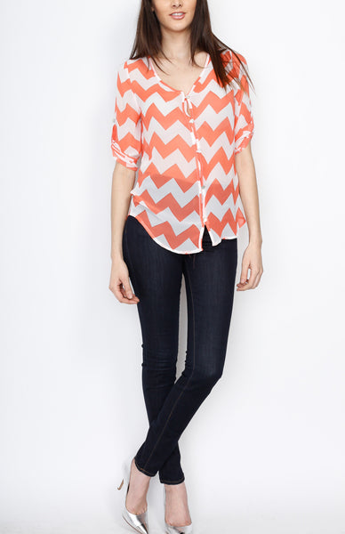 Coral Three Quarter Chevron Top with Button Down Detail