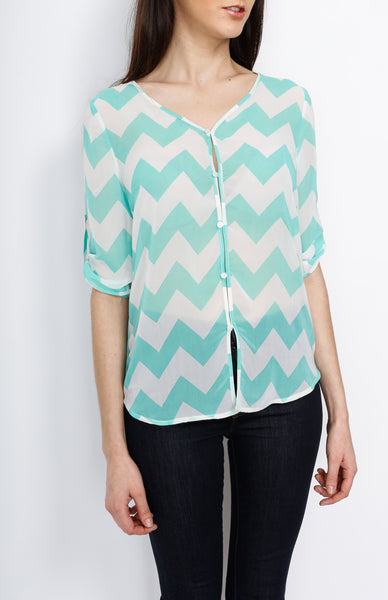 Jade Three Quarter Chevron Top with Button Down Detail