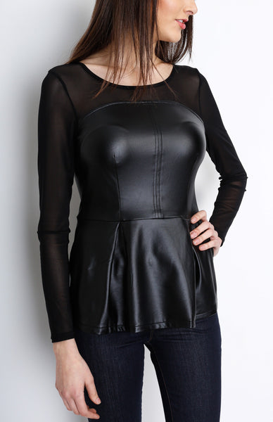 Black Mesh Long Sleeve Peplum Top with PU Detail