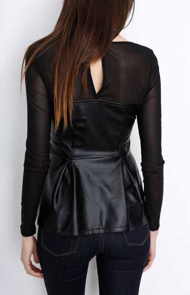 Black Mesh Long Sleeve Peplum Top with PU Detail