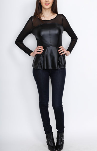 Black Mesh Long Sleeve Peplum Top with PU Detail