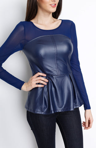 Blue Mesh Long Sleeve Peplum Top with PU Detail