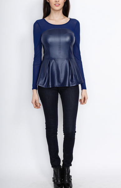 Blue Mesh Long Sleeve Peplum Top with PU Detail