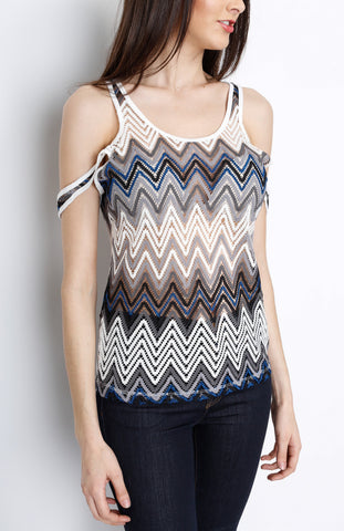 Blue Chevron Laced Tank Top with Open Back