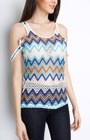 Teal Chevron Laced Tank Top with Open Back