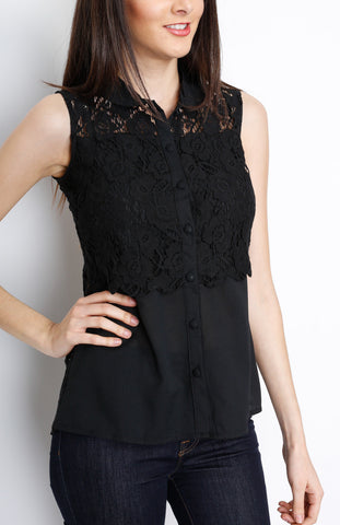 Black Floral Mesh Top with Button Down Detail