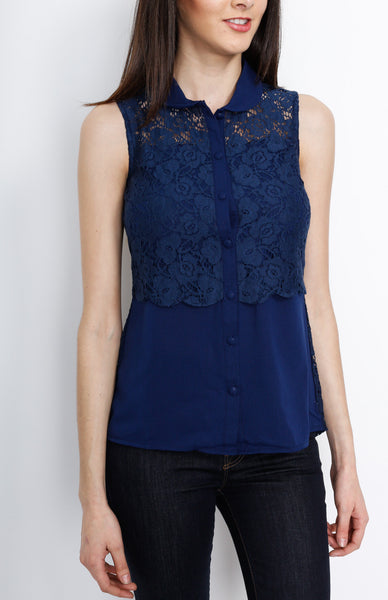 Blue Floral Mesh Top with Button Down Detail