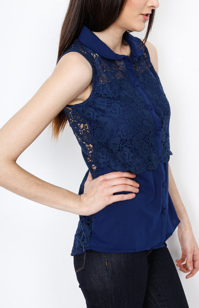 Blue Floral Mesh Top with Button Down Detail