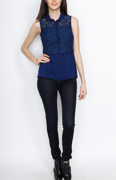 Blue Floral Mesh Top with Button Down Detail