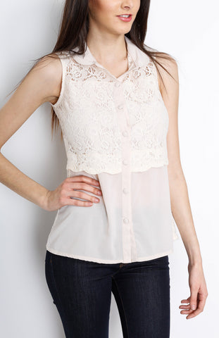 White Floral Mesh Top with Button Down Detail