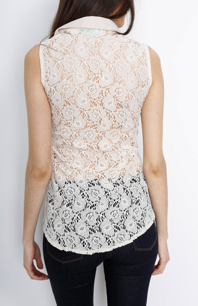 White Floral Mesh Top with Button Down Detail