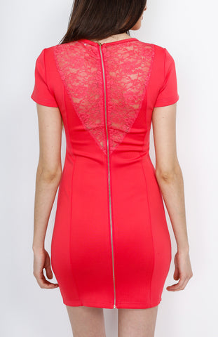 Coral Bodycon Dress with Floral Mesh Detail and Back Zipper