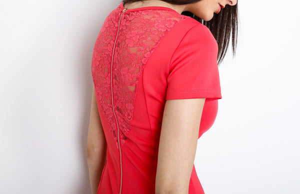 Coral Bodycon Dress with Floral Mesh Detail and Back Zipper