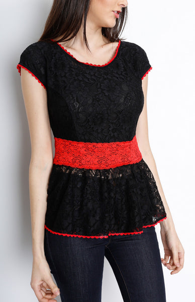 Black Laced Crochet Peplum Top with Back Zipper Detail