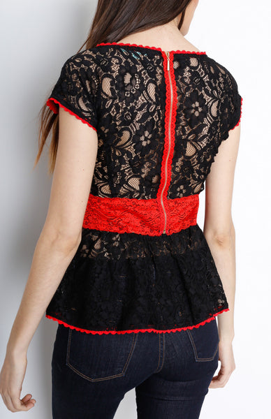 Black Laced Crochet Peplum Top with Back Zipper Detail