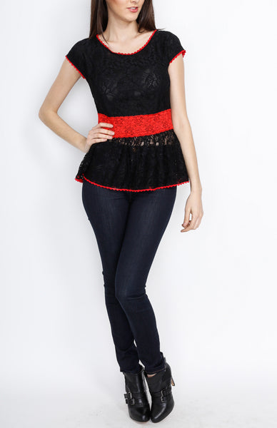 Black Laced Crochet Peplum Top with Back Zipper Detail