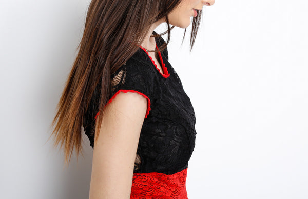 Black Laced Crochet Peplum Top with Back Zipper Detail