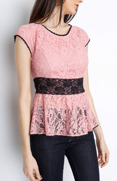 Pink Laced Crochet Peplum Top with Back Zipper Detail