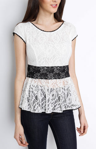 White Laced Corchet Peplum Top with Back Zipper Detail