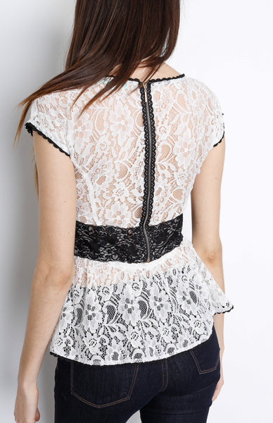 White Laced Corchet Peplum Top with Back Zipper Detail