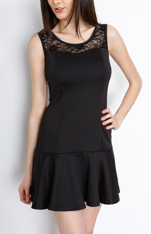 Black Skater Dress with Floral Mesh Detail