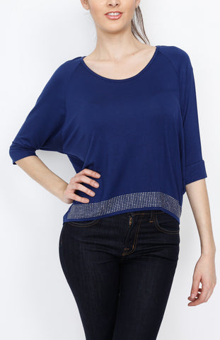 Blue 3/4 Knit Top with Emblishment Detail