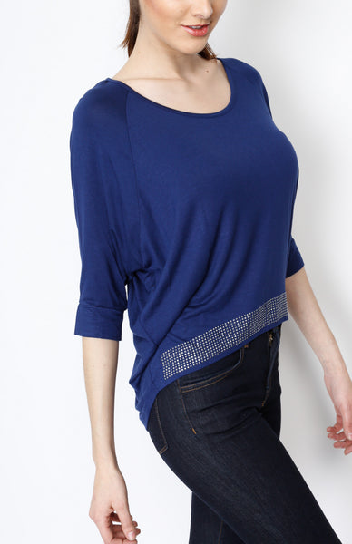 Blue 3/4 Knit Top with Emblishment Detail