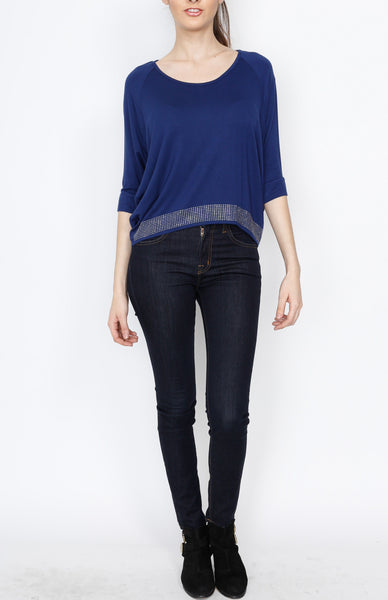 Blue 3/4 Knit Top with Emblishment Detail