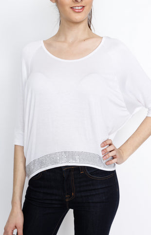 White 3/4 Knit Top with Emblishment Detail