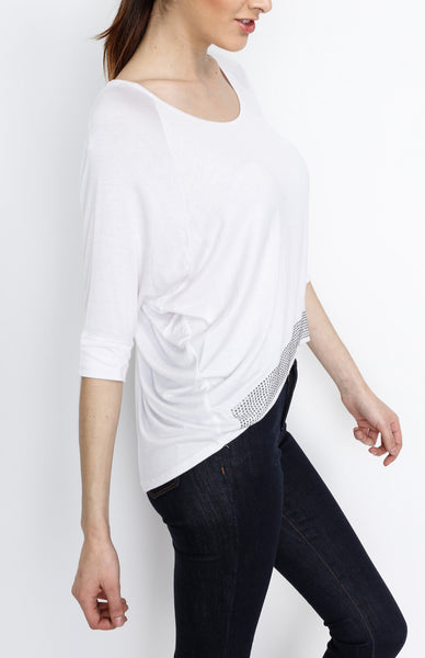 White 3/4 Knit Top with Emblishment Detail