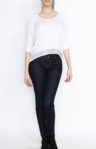 White 3/4 Knit Top with Emblishment Detail