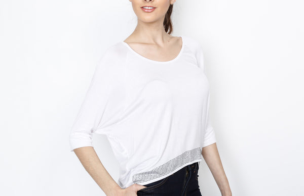 White 3/4 Knit Top with Emblishment Detail