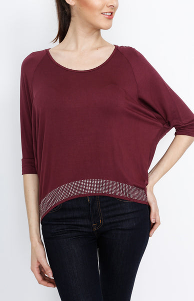 Wine 3/4 Knit Top with Emblishment Detail