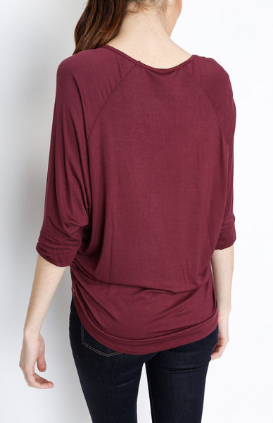 Wine 3/4 Knit Top with Emblishment Detail