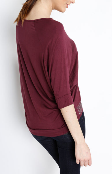 Wine 3/4 Knit Top with Emblishment Detail