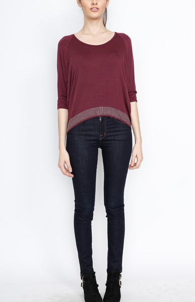 Wine 3/4 Knit Top with Emblishment Detail