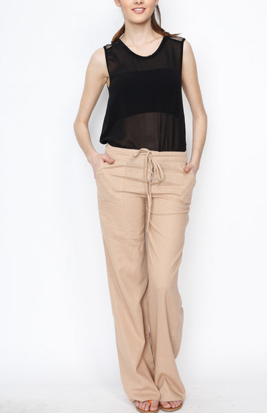 Beige Linen Draw Strings Pants