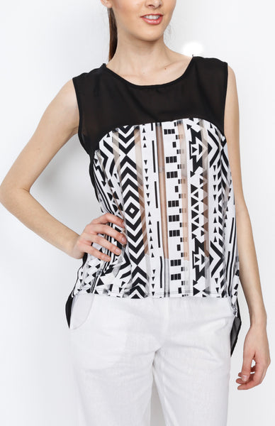 White and Black Aztec Print with Back Slits Detail