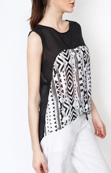 White and Black Aztec Print with Back Slits Detail