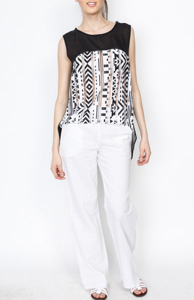 White and Black Aztec Print with Back Slits Detail