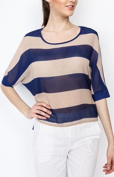 Blue and Taupe Stripe Dolman Top