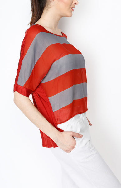 Red-Orange and Gray Stripe Dolman Top