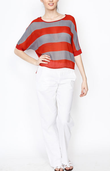 Red-Orange and Gray Stripe Dolman Top