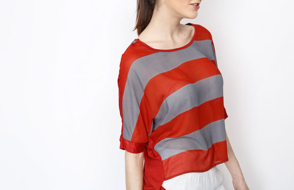 Red-Orange and Gray Stripe Dolman Top