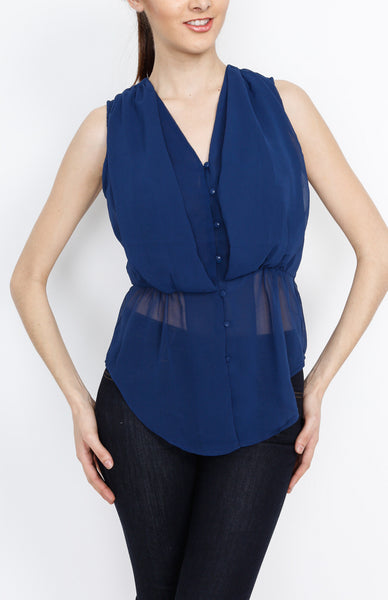 Navy Woven Pleated Blouse with Button Down Detail