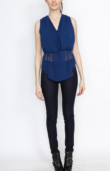 Navy Woven Pleated Blouse with Button Down Detail