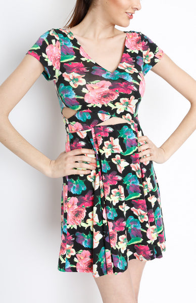 Black Floral Faux Wrap Dress