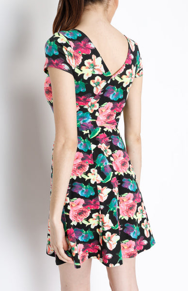 Black Floral Faux Wrap Dress