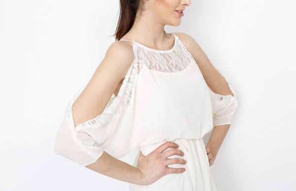 Cream Cold Shoulder Dress with Crochet Detail