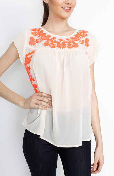 Cream Woven Top with Neon Floral Detail